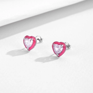 Sweet pink heart-shaped S925 sterling silver studs with faceted sparkling zircon stones
