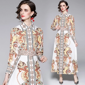 Robe Maxi Élégante À Imprimé Paisley Manches Longues Col À Revers Boutonnage Simple Ligne A Avec Ceinture Femme