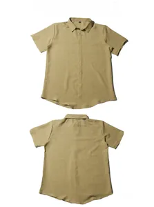 Front and back view of a khaki short sleeve button-down shirt with a classic collar