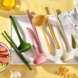 Silicone Soup Spoon Chopsticks Heat Resistant Non-Stick Integrated Kitchen Utensils Ramen Baby Food Macaron Colors