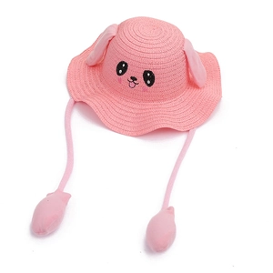 Pink straw sun hat for kids featuring interactive moving rabbit ears and cute embroidery