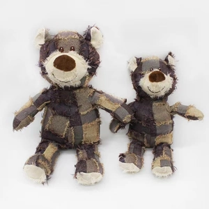 Patchwork teddy bear plush toy in rustic fabric, set of two sizes on neutral background
