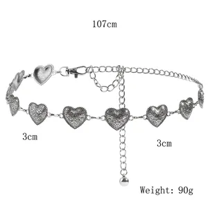 Vintage silver heart chain belt for dresses with embossed floral motifs and lobster clasp