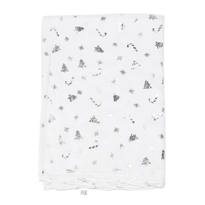 Detail of white cotton fabric featuring silver Christmas tree and snowflake patterns