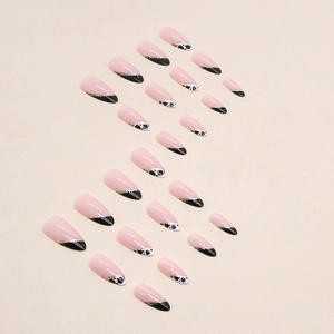 French cow print almond press-on nails with golden glitter lines 24 pieces set