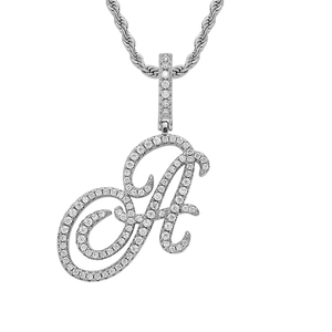 Close-up of silver letter A pendant with cubic zirconia on a classic rope chain