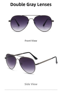 Classic aviator sunglasses with double gray gradient lenses in front and side views