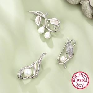 Elegant Leaf Brooch Pin 925 Sterling Silver With Artificial Pearl And Zircon For Women Suit Accessories Niche Style