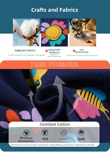 Détail du tissu de legging en coton peigné avec imprimés abeilles et fleurs colorées