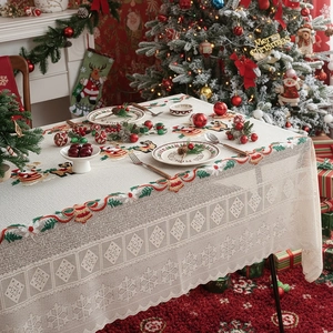 Christmas lace tablecloth with Santa and reindeer embroidery on beige fabric