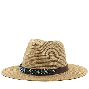 Women Men Summer Straw Fedora Hat Sun Protection Breathable Ethnic Beaded Band Bohemian Style Outdoor Beach