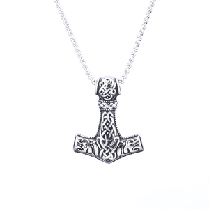 Nordic Mjolnir pendant necklace with intricate Celtic knot patterns in vintage silver finish