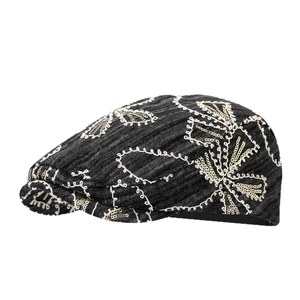 Japanese style black denim ivy cap featuring elegant floral sequin embroidery detail
