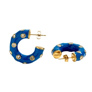 Elegant gold-plated C-shaped hoop earrings with royal blue enamel and sparkling crystals