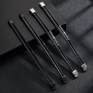 Multilayer braided leather bracelets for men with stainless steel magnetic clasps