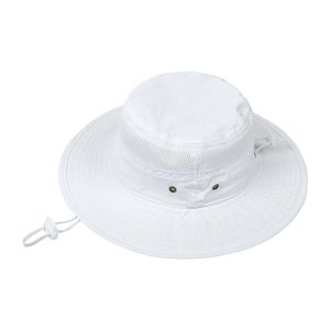 Detail of white kids sun hat with mesh crown and adjustable drawstring for outdoor use