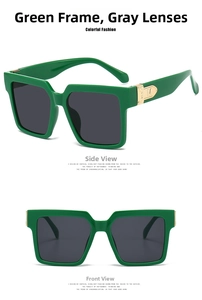 Detail of green square sunglasses with gold metal hinges and embossed M logo