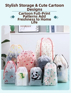 Detailed view of assorted cartoon drawstring storage bags for travel organization