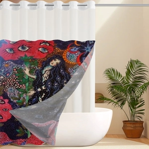 Detail of waterproof surreal art shower curtain with eye pattern and metallic eyelets