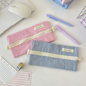 Star pattern canvas pencil case set in pink and blue with top zipper and side handle