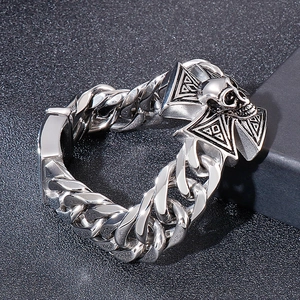 Punk retro men's thick stainless steel Cuban bracelet with skull and cross charms