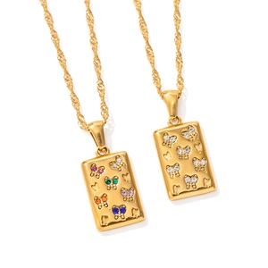 18K gold stainless steel necklaces featuring rectangular butterfly pendants with crystals