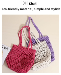 Detail of hollow woven cotton mesh shoulder bags in rose, cream, and lilac colors