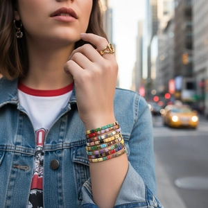 Bohemian colorful TILA bead elastic bracelets with layered design and gold accents