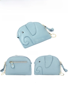 Detailed views of a light blue leather elephant coin purse with golden zipper and keychain