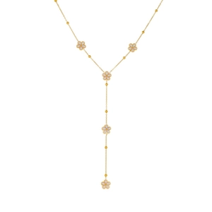 Collier Y élégant en acier inoxydable doré avec pétales de fleurs blanches et perles