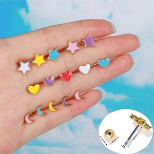Colorful Enamel Cartilage Stud Earrings Brass Heart Star Moon Smiley For Women With Stainless Steel Post Screw Back Jewelry