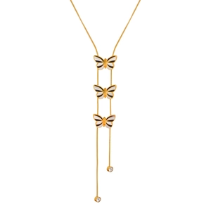 Ins-style butterfly long necklace with three-tier enamel pendants and tassels in gold finish