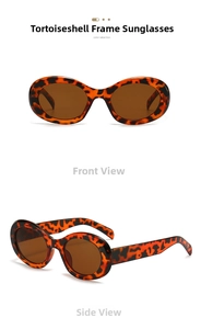 Front and side views of vintage tortoiseshell oval sunglasses with brown tinted lenses