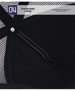 Detail of breathable trucker hat lining featuring soft sponge padding and black mesh