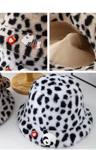Detail of warm faux fur leopard bucket hat with plush lining and cute cartoon bear patch