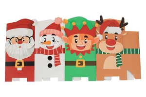 Set of four Christmas candy gift boxes featuring Santa, Snowman, Elf and Reindeer designs