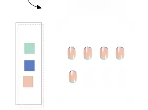 Detail view of French press-on nails with mint green and blue tips on nude base