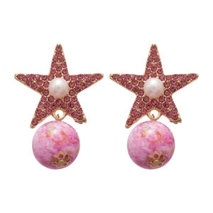 Pink star-shaped earrings with rhinestones and white pearls on a white background