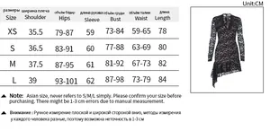 Size chart detail for lace long sleeve deep V-neck dress showing measurements in centimeters