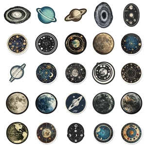 Collection of 25 astronomy stickers featuring planets, galaxies, and celestial orbits