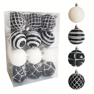 Set of 12 black and white plastic Christmas ball ornaments with festive patterns