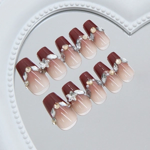 French burgundy gradient coffin press-on nails with luxury rhinestones and silver stars