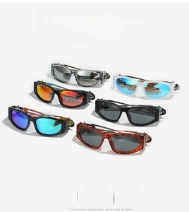 Detailed display of square sunglasses collection in six colors for outdoor sports