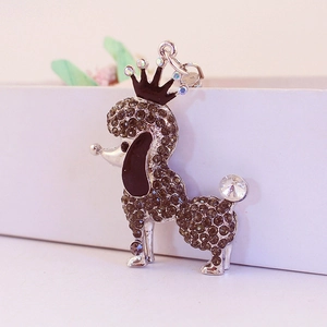 Charming black rhinestone poodle puppy keychain with silver crown and crystal detail