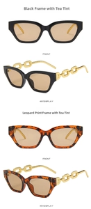 Detail view of cat eye sunglasses with metallic gold chain temples in black and leopard print
