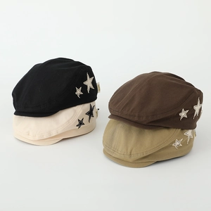 Retro canvas kids beret hats in black beige coffee and khaki with star patches
