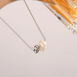 Minimalist titanium steel necklace with white pearl and silver bead pendant on silver chain