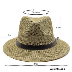 Classic hollow straw fedora hat for sun protection with dimensions and size specifications