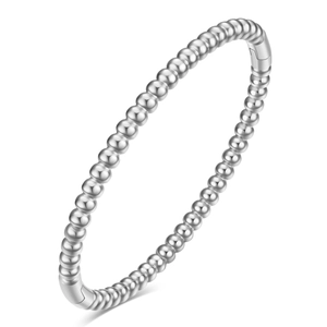 Polished silver stainless steel 5mm bead bangle with a secure opening clasp closure