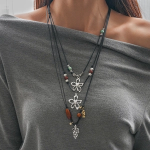 Collier Long De Pull Bohème Avec Pendentif Fleur Raisin En Alliage Perles Céramique Bois Corde Cirée Style Ethnique Pour Femmes